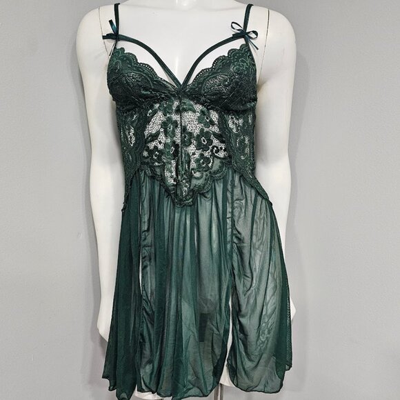 Green Lace Babydoll Lingerie with Peekaboo Slits - Picture 2 of 5